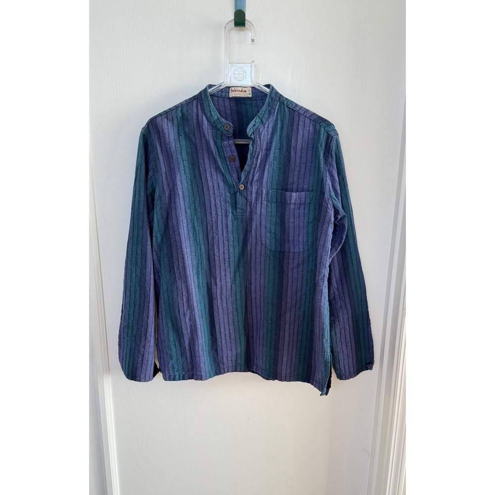 Vintage Fabindia Men's 40 Woven Cotton Indigo Teal Striped Kurta Shirt India